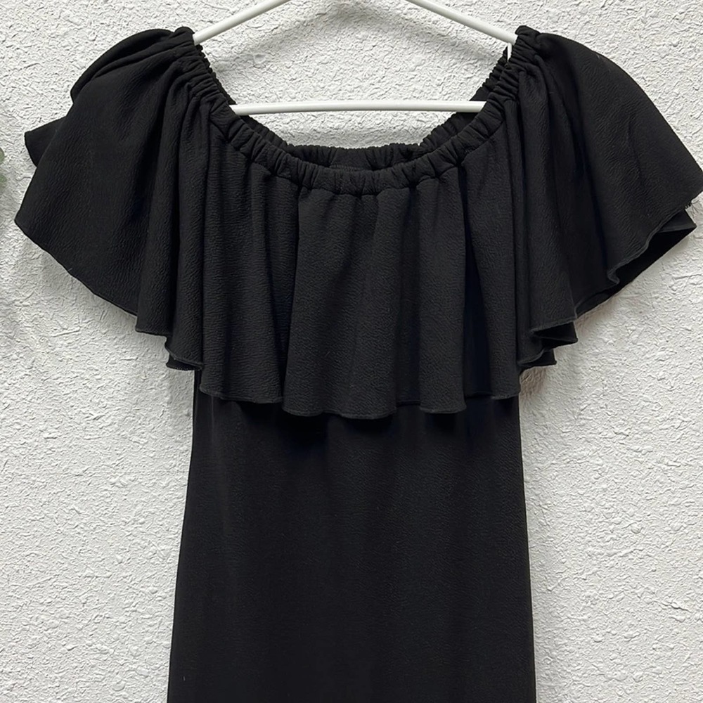 Lularoe Black Cici Dress XS Solid Off-Shoulder Ruffle Stretch Knit - Picture 2 of 8